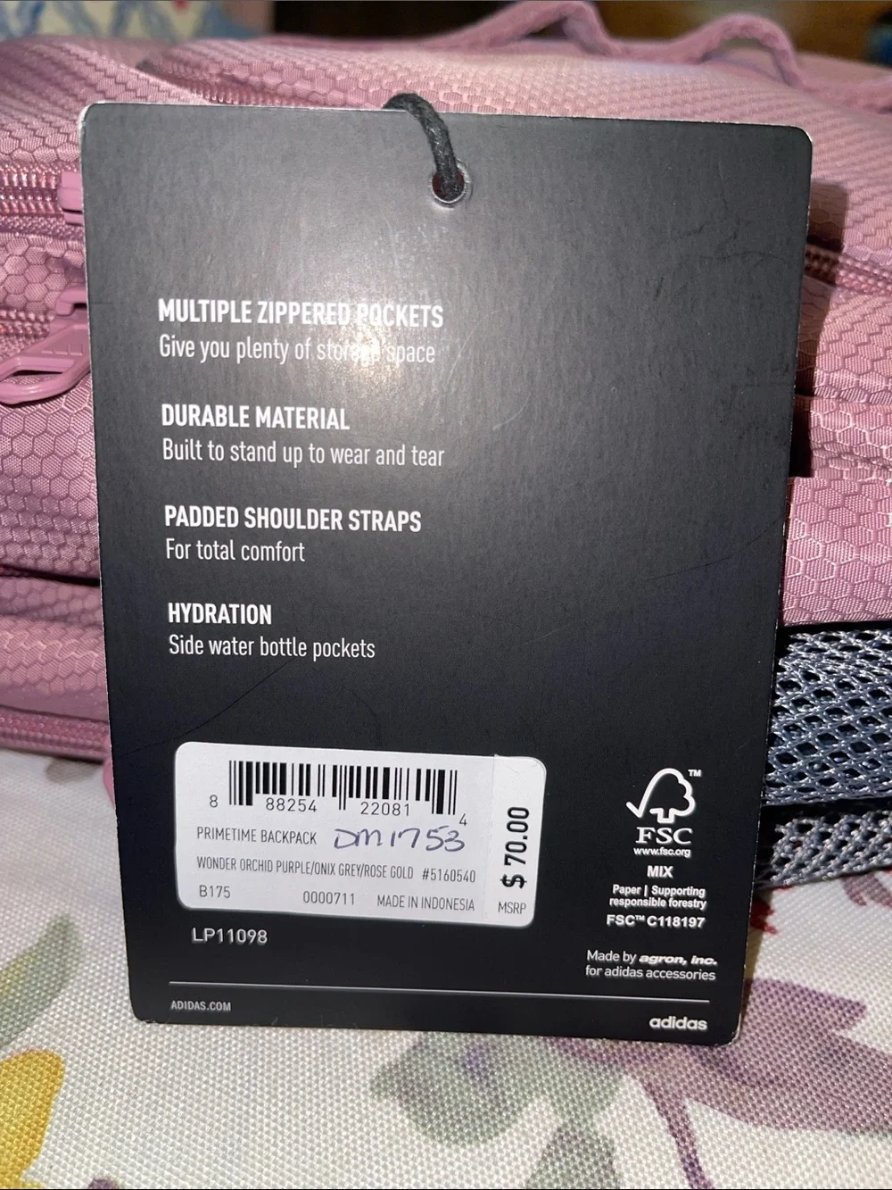 Adidas Wonder Orchid Purple Primetime Backpack with Gray Base - Picture 9 of 9